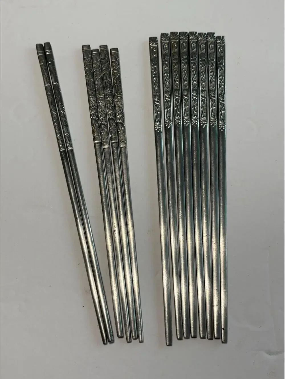 Vintage 7 Pairs Stainless Steel Metal Reusable Chopsticks w/Bird Etchings.